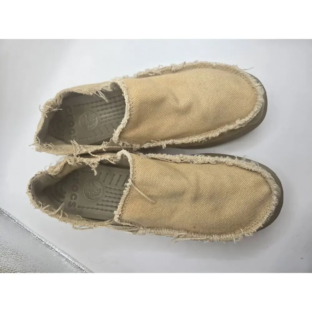 Crocs ~ Santa Cruz Men Sz 8 - Khaki Canvas Slip On Comfort Shoes Casual Distress